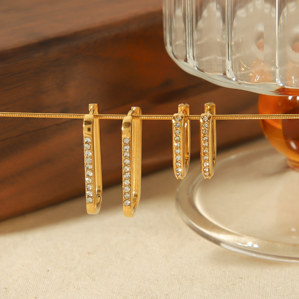 1 pair simple series classic geometric stainless steel  gold plated rhinestone women hoop earrings h5Picture2